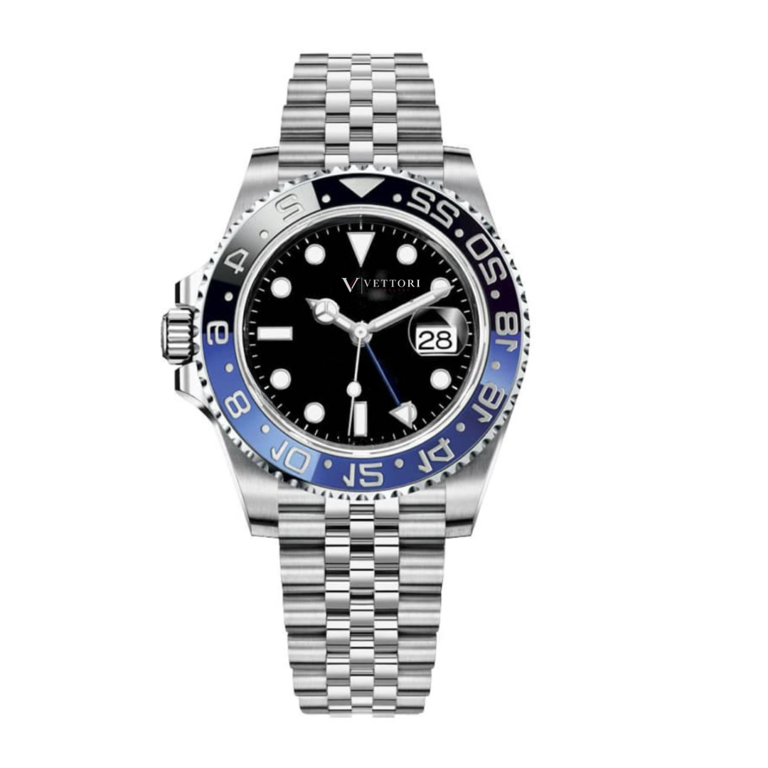 Vettori GMT Traveller 40mm – Black Dial | Stainless Steel Jubilee Bracelet & Blue-Black Ceramic Bezel