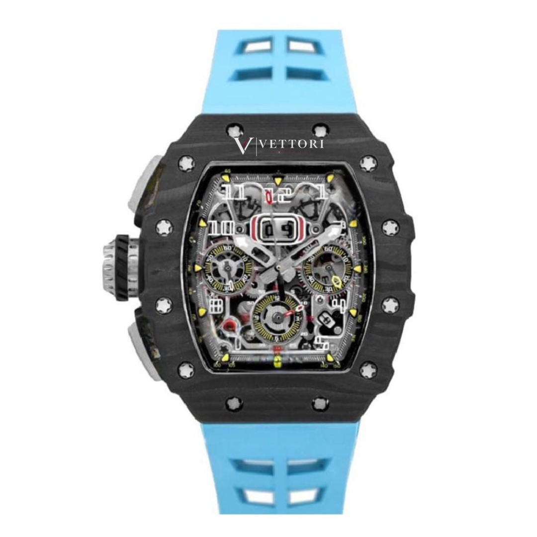 Vettori Skeleton Chronograph 44mm – Openworked Dial with Yellow Accents | Blue Rubber Strap