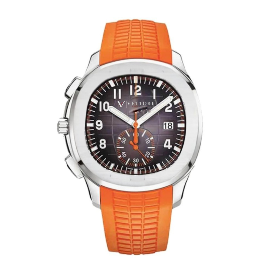 Vettori Sport Chronograph 42mm – Black Embossed Dial with Orange Accents