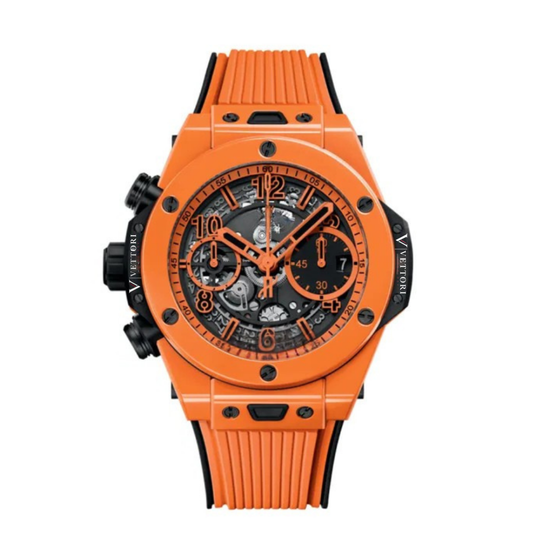 Vettori Fusion Chronograph 42mm – Black Skeleton Dial | Orange Ceramic Case & Black Rubber Strap