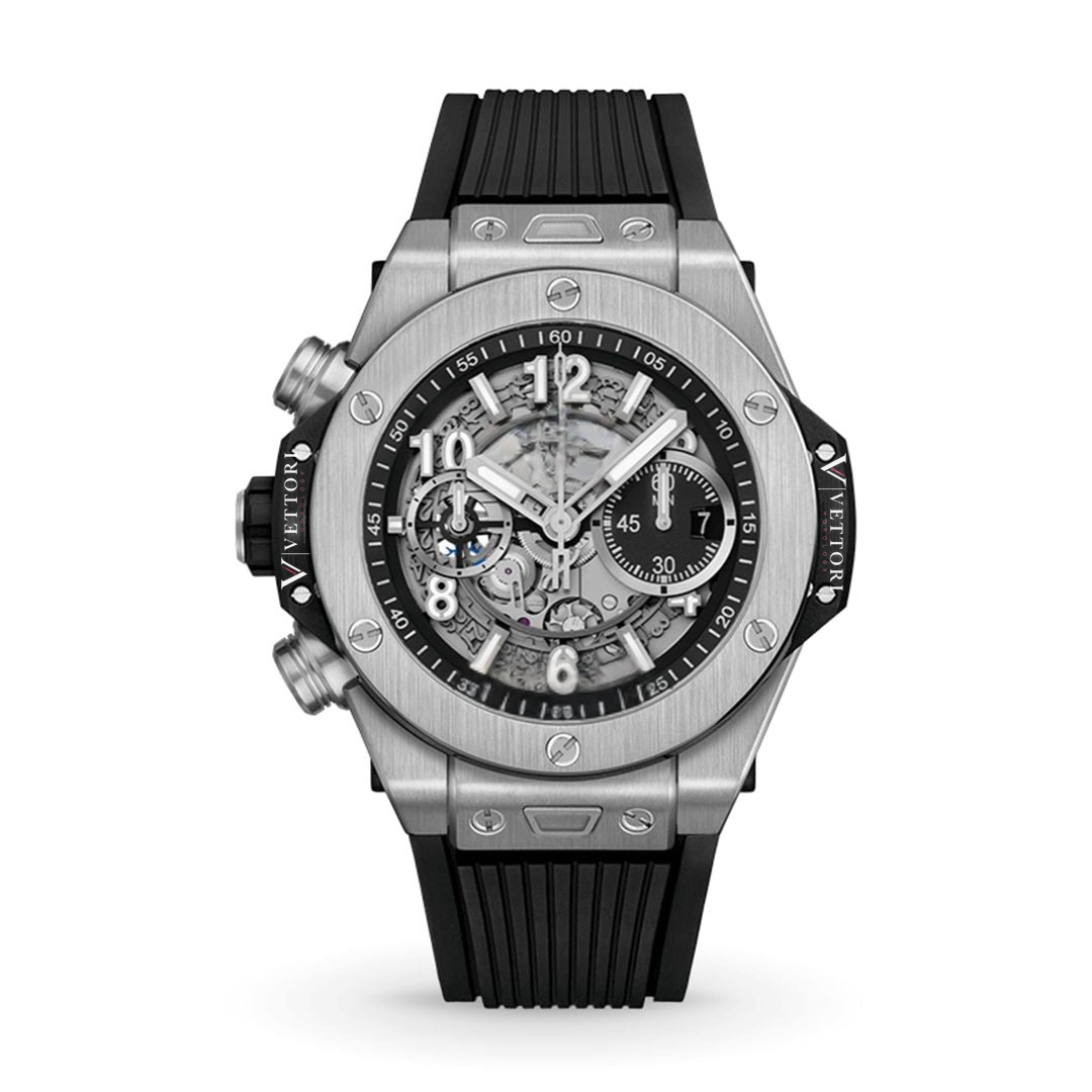 Vettori Fusion Chronograph 44mm – Black Skeleton Dial | Silver Case & Black Rubber Strap